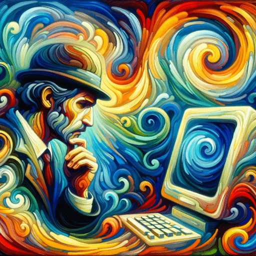 A colorful, swirling illustration of a person considering ideas while using a laptop.