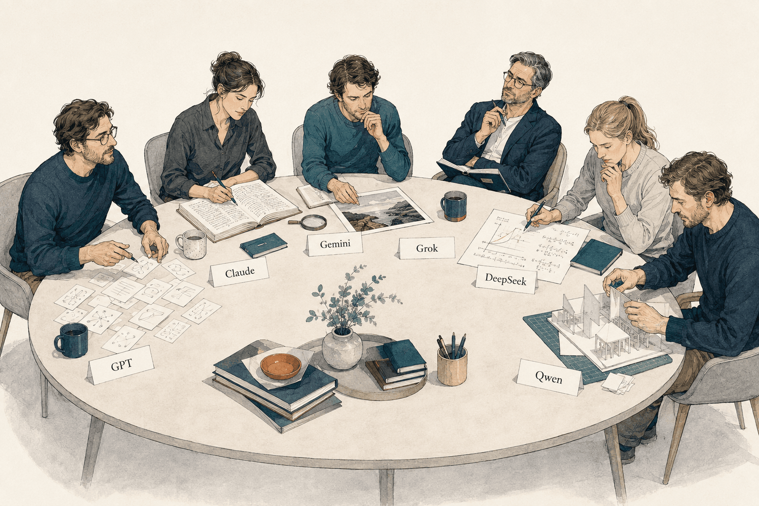 Six illustrated professionals personify GPT, Claude, Gemini, Grok, DeepSeek, and Qwen through different ways of thinking and working.